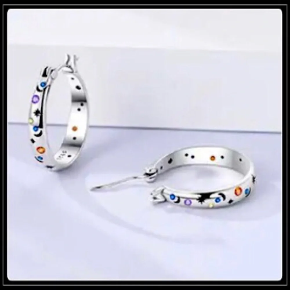 Clearance! NEW 925 SILVER MOON & STARS CELESTIAL CRYSTAL HOOP EARRINGS